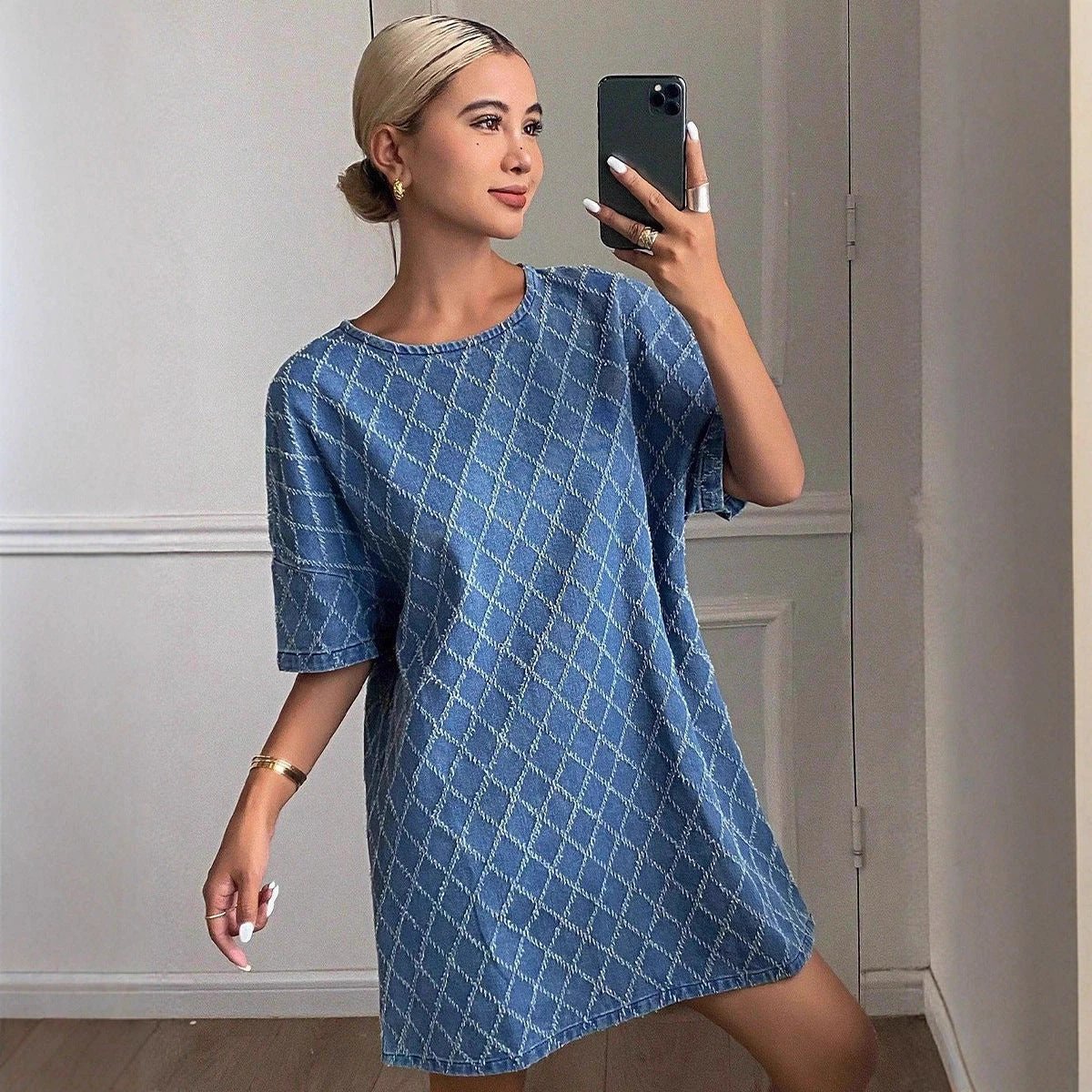 Women's Denim-Style Patterned Casual Dress by GJG Denim