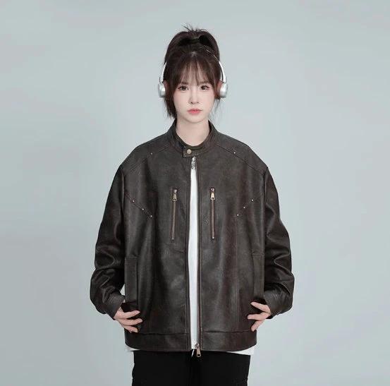 Spring And Autumn American Pu Shuai Street Rivet Retro Distressed Leather Jacket by GJG Denim
