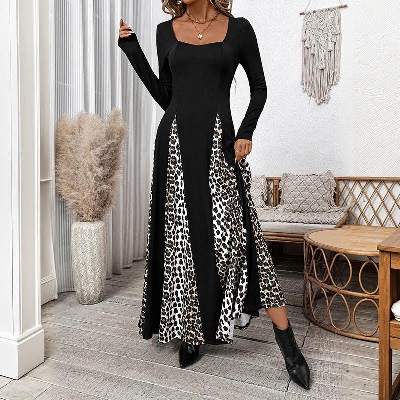 Elegant Retro Style Square Collar Long Sleeve Leopard Splicing Dress by GJG Denim