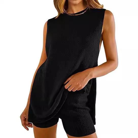 Summer Loose-fitting Casual Round-neck Vest Shorts Knitting Suit Women by GJG Denim
