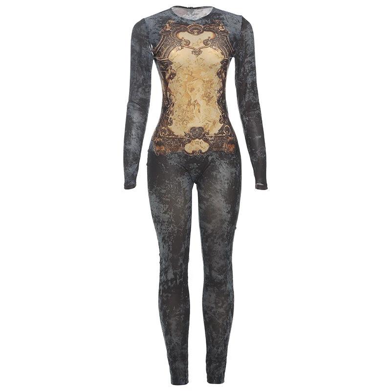 Women's Printed Sexy Mesh High Waist Slim-fit Zipper Long-sleeved Jumpsuit by GJG Denim