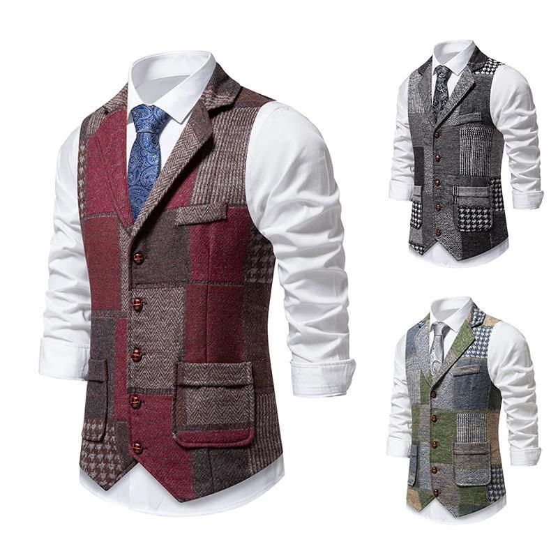 Men's Retro Patchwork Lapel Suit Vest by GJG Denim