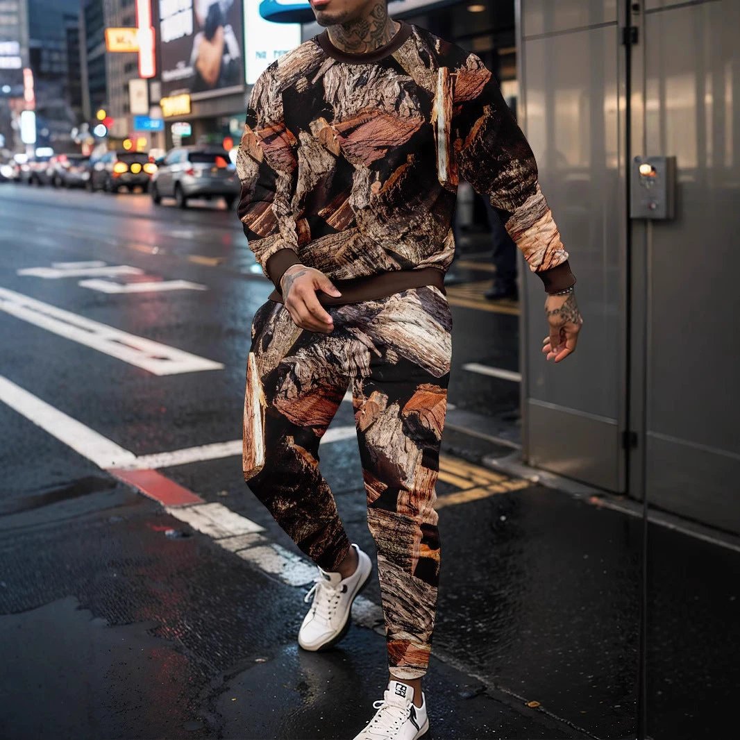Round Neck Sweater Jungle Camouflage Sportswear Long Sleeve Two-piece Pants by GJG Denim