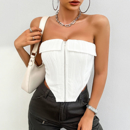 SpringSummer Temperament Pure Color Slim-fit Zipper Tube Top by GJG Denim