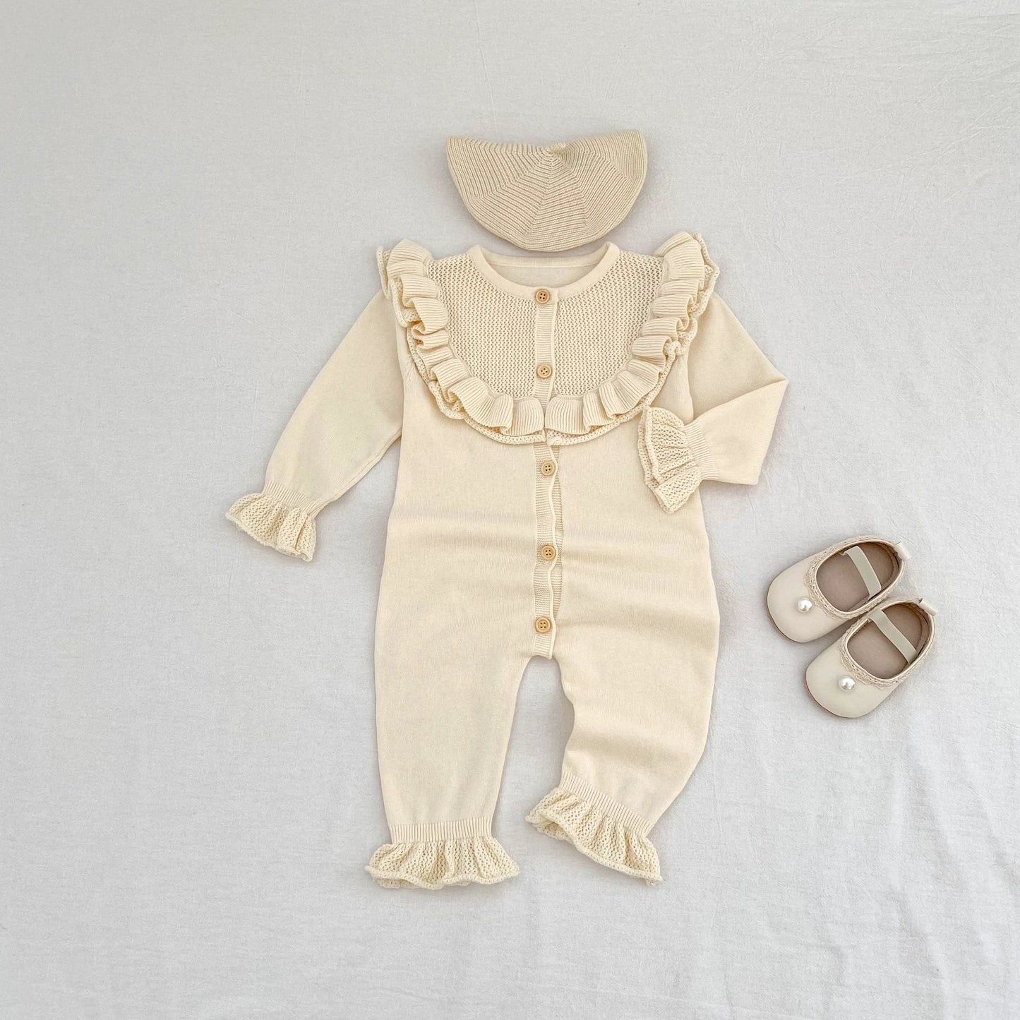Baby Girl Round Neck Ruffled Stitching Long Climbing Fashionable Stylish Solid Color Jumpsuit by GJG Denim