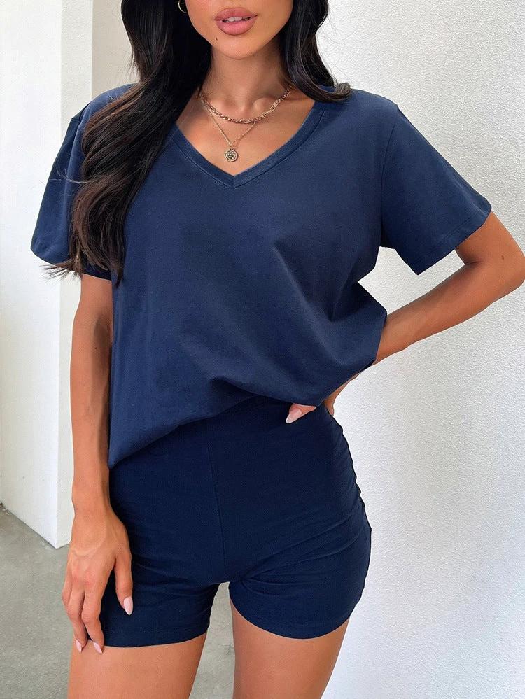 V-neck Fashion Solid Color Casual Fashion Shorts Suit Women by GJG Denim
