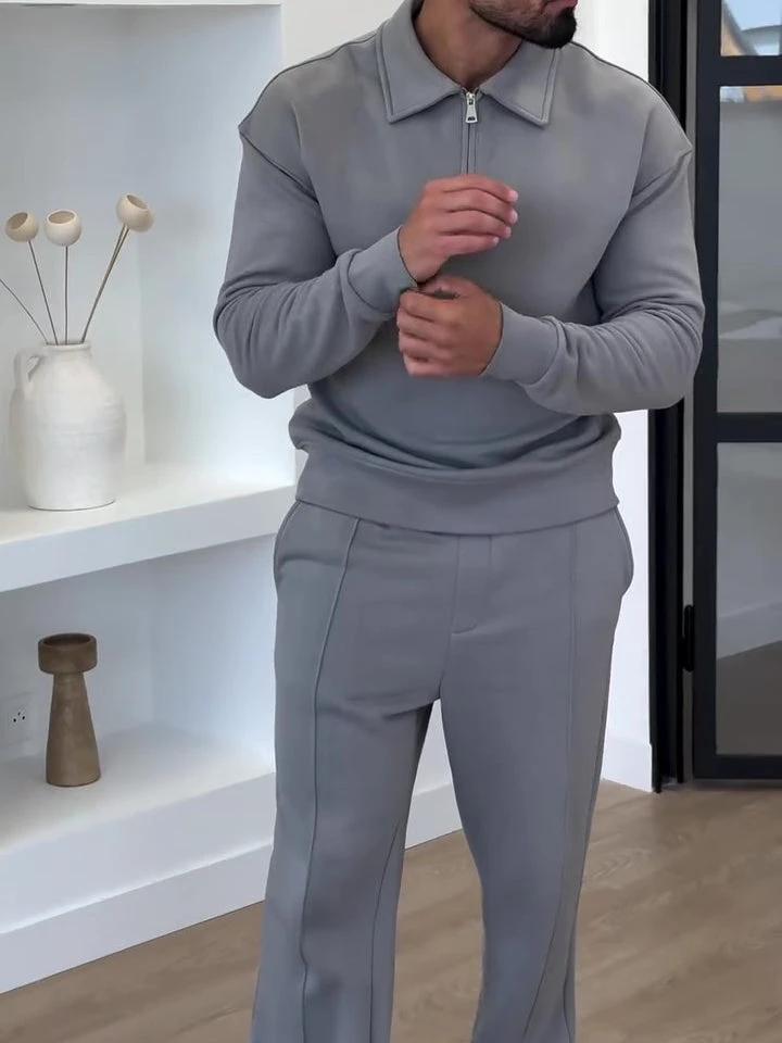 Men's Half-Zip Polo Sweatshirt & Slim Flare Pants Set by GJG Denim