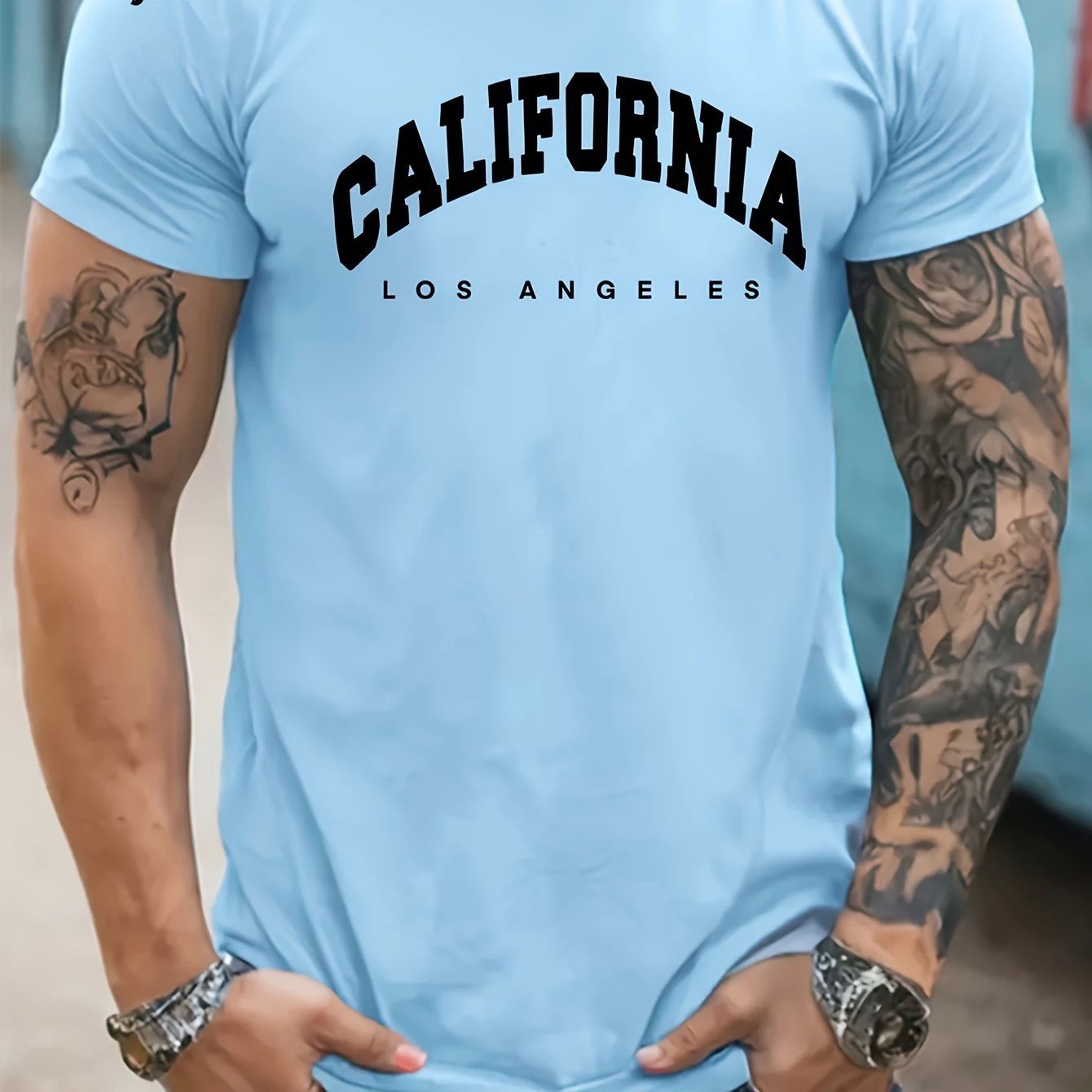 CALIFORNIA Print, Men's Flat Design Round Neck Activity T-shirt, Summer Casual Comfortable T-shirt, Men's Top Suitable For Daily Gym Exercise And Running by GJG Denim