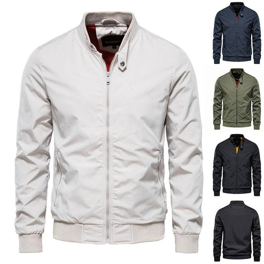 Men's Zip-up Jacket With Pockets Casual Solid Stand Collar Long Sleeve Top Outwear Clothing by GJG Denim