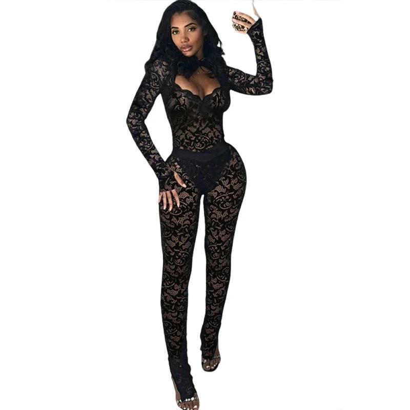 Fashion Solid Color Lace See-through Hollow Out Stitching Slim Fit Sexy by GJG Denim