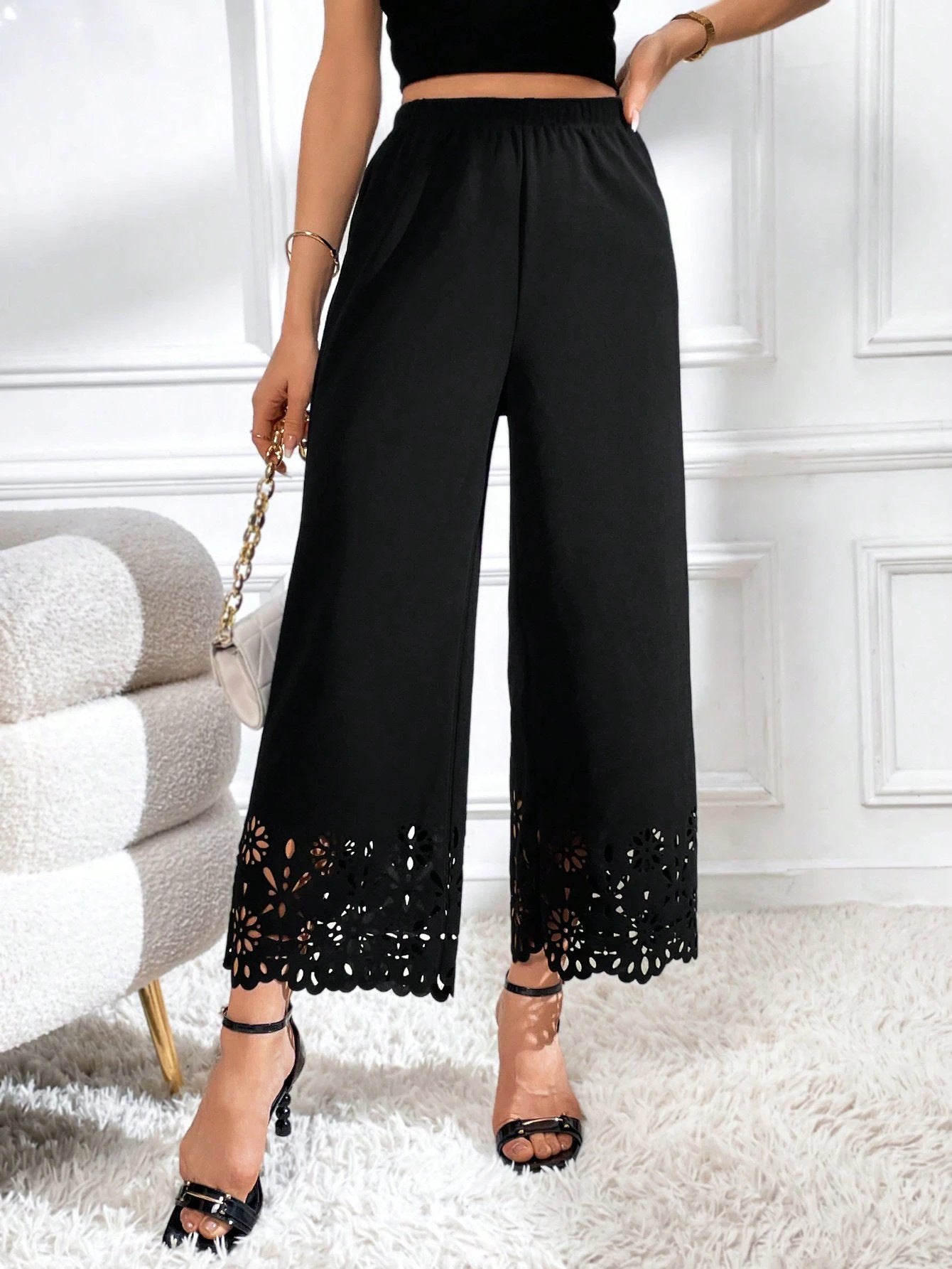 Women's Four-Season Hollow-Out Burnt-Out Solid-Colored Trousers by GJG Denim