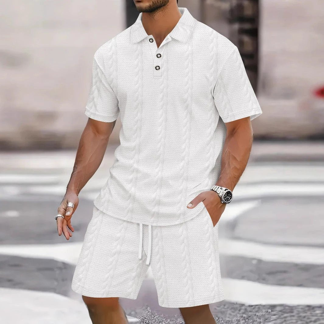 Men's Lapel-collar Short-sleeve Top With Shorts Set by GJG Denim