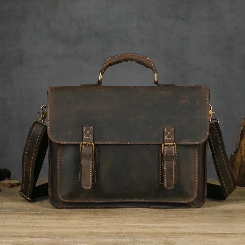 Men's Top Layer Leather One-shoulder Crossbody Laptop Bag by GJG Denim