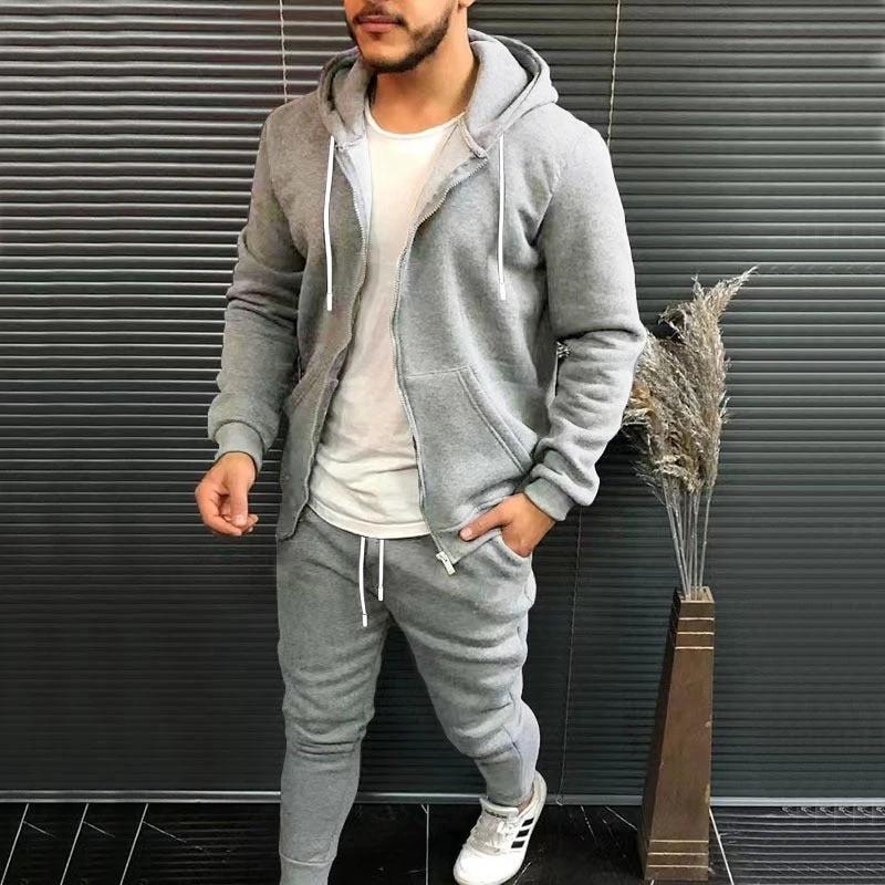 Mens Fashion Solid-Color Casual Hooded Cardigan Set by GJG Denim
