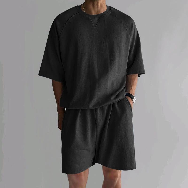 Men's Terry Casual Round Neck Sports Shorts Short Sleeve Two-piece Set by GJG Denim