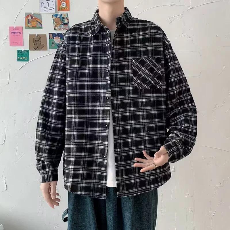Men's Loose And Casual Black Plaid Long Sleeve Shirt by GJG Denim