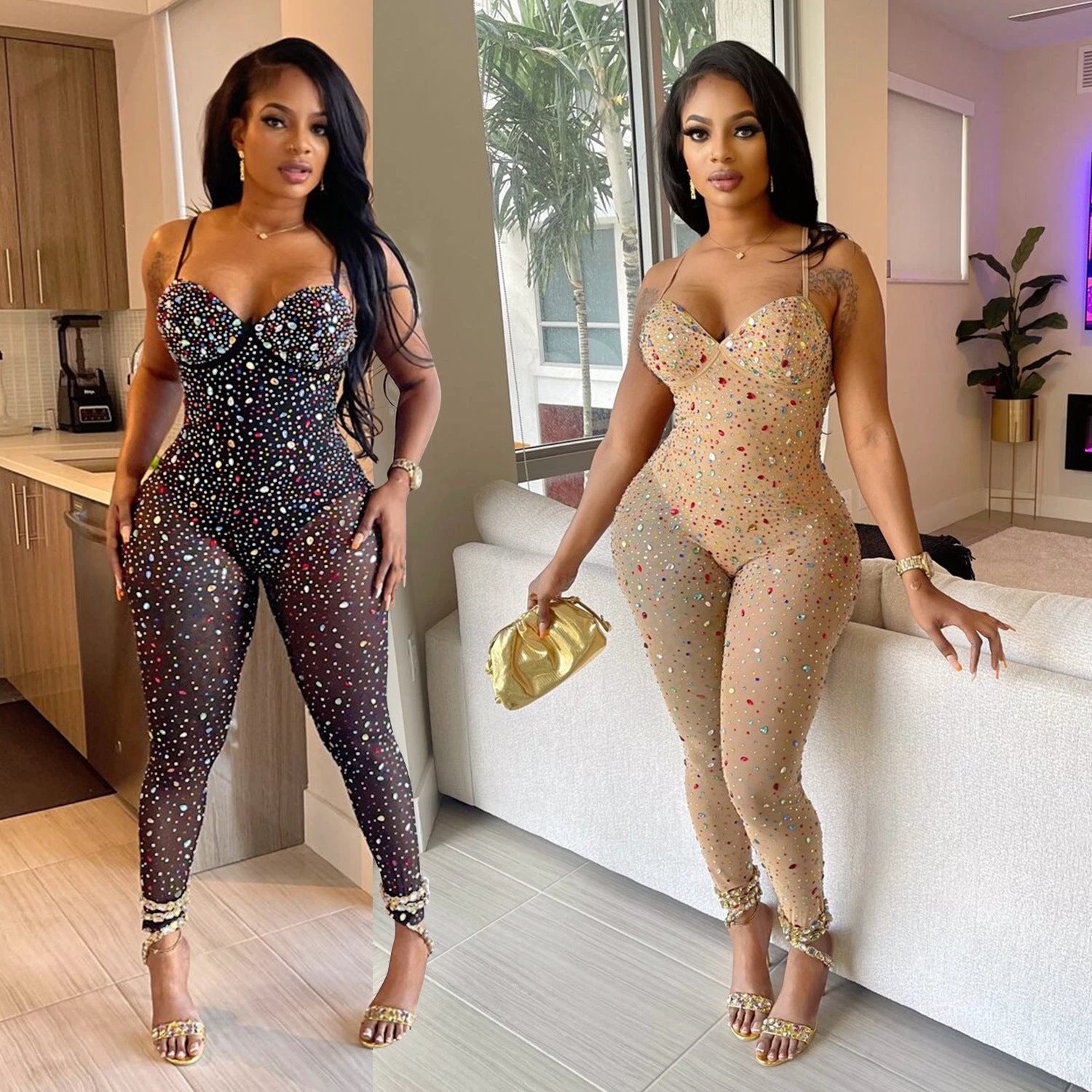 Women's Pure Color Mesh Rhinestone Pants Jumpsuit by GJG Denim