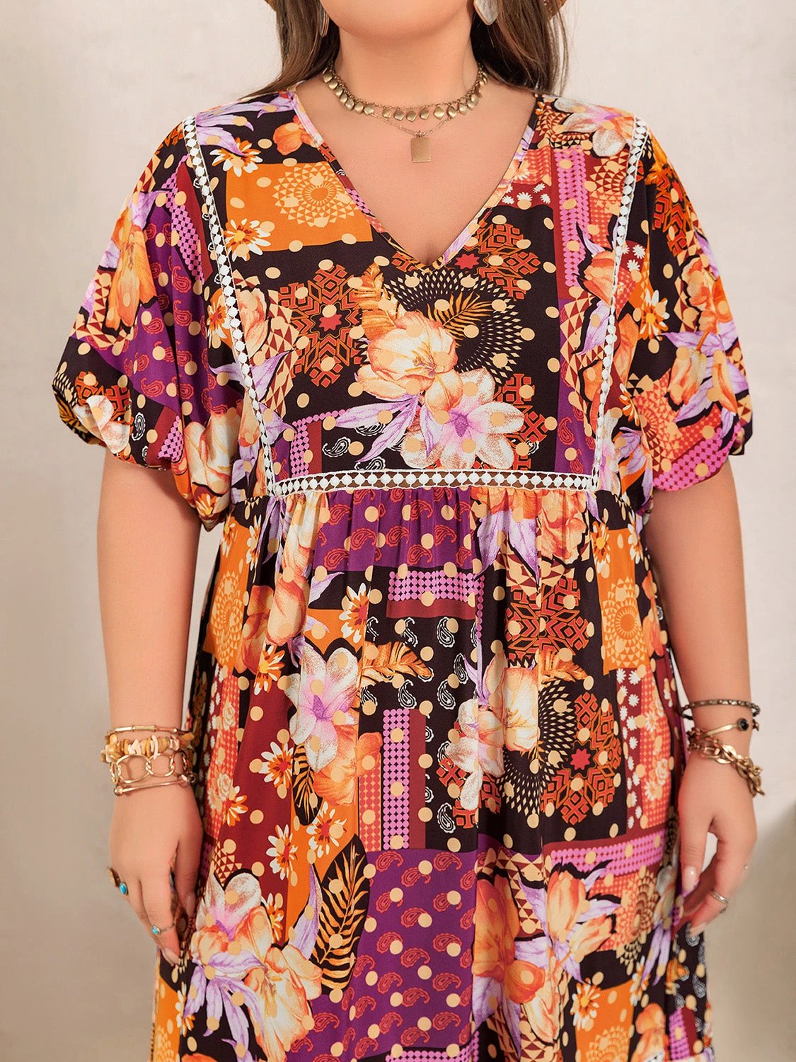 Plus Size Printed V-Neck Half Sleeve Maxi Dress by Lady Ros