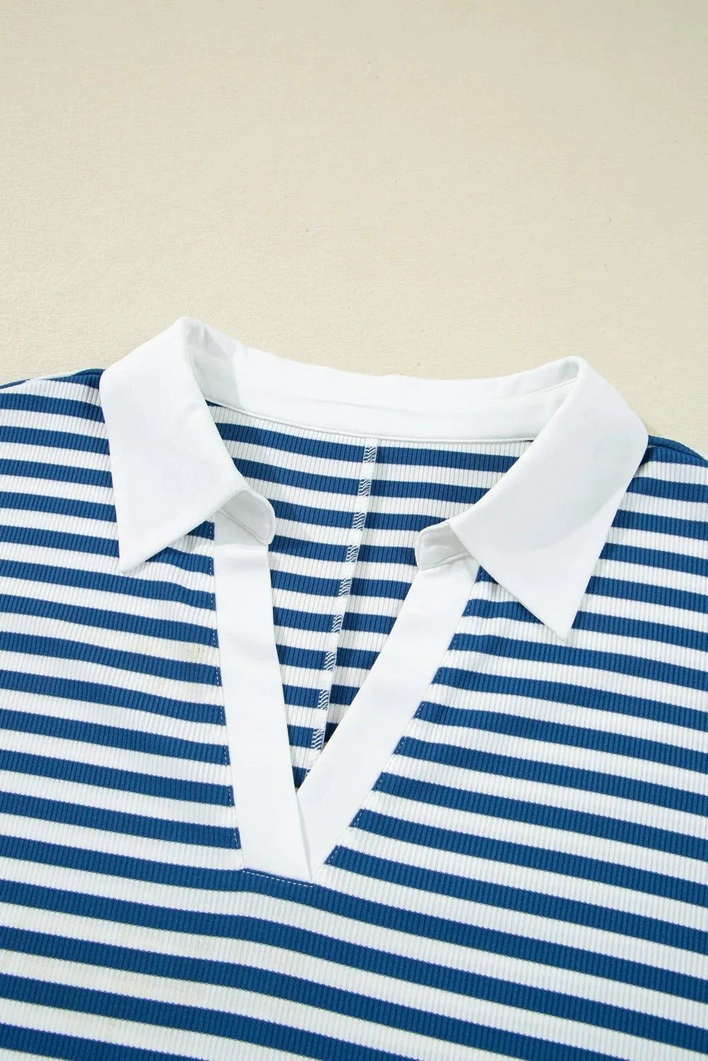 Blue Stripe Short Sleeve Collared V Neck Top Plus Size Short Set by GJG Denim