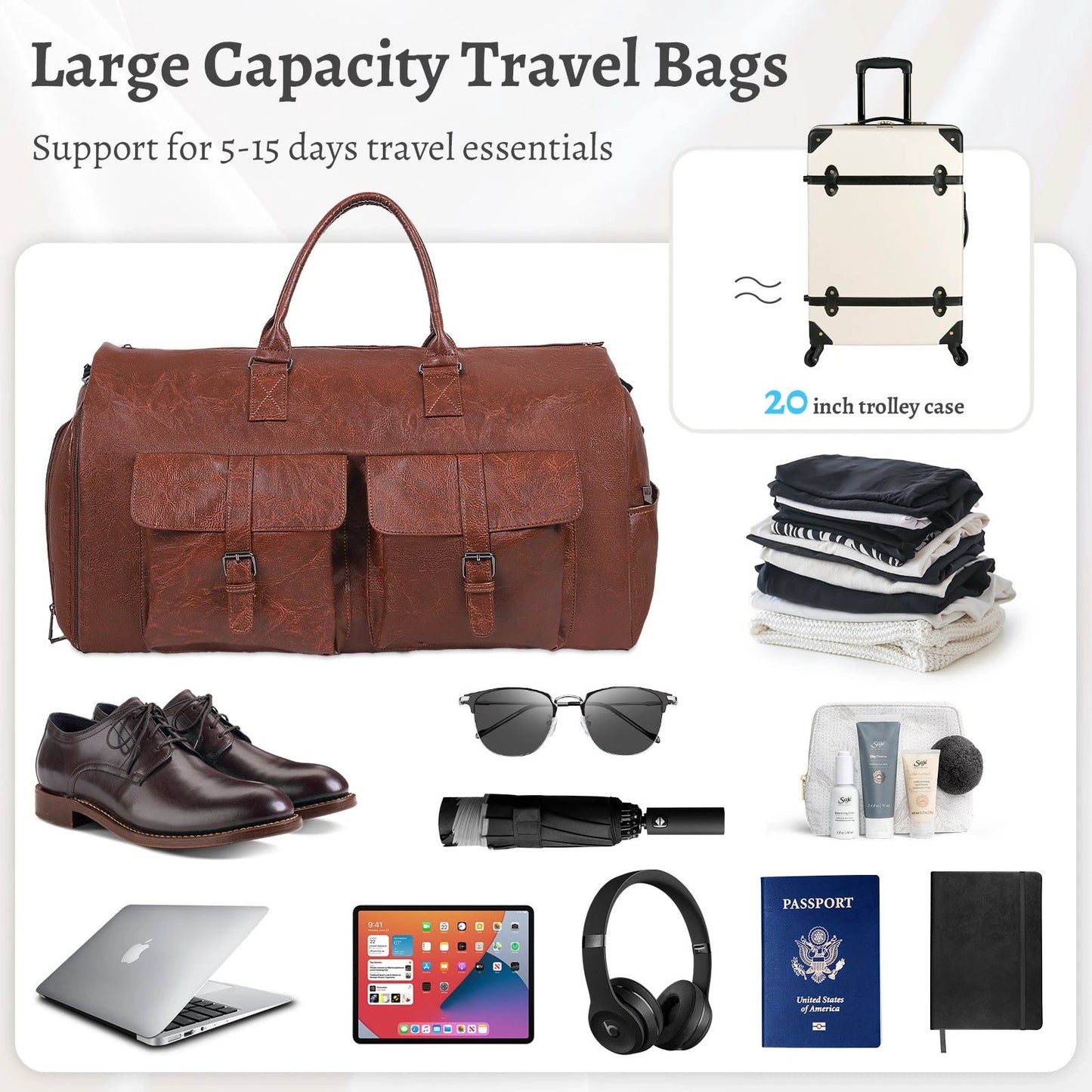 Men's Large Capacity Leather Suit Storage Bag by GJG Denim