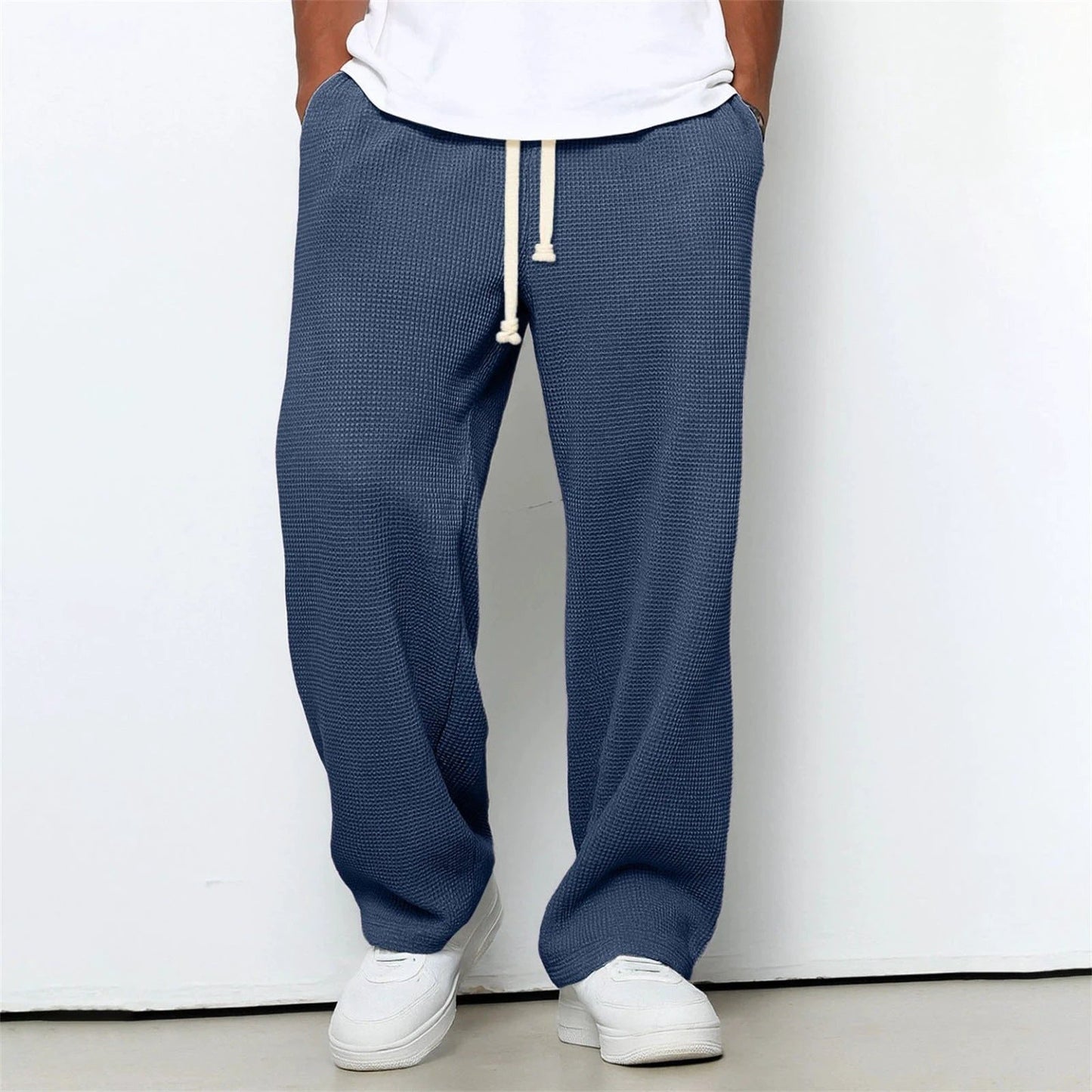 Men's Relaxed-fit Waffle-knit Wide-leg Leisure Pants by GJG Denim