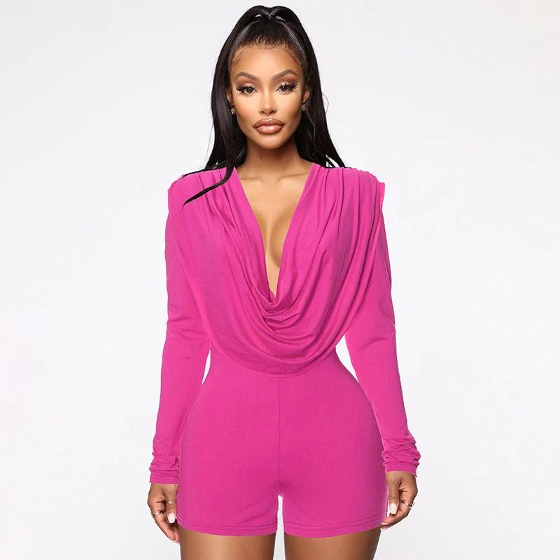 Women's Swing Collar Tight Long-sleeved One-piece Shorts by GJG Denim