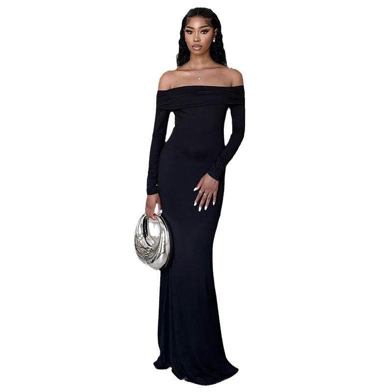 Black Off-shoulder Long Sleeve Sheath Fishtail Dress by GJG Denim