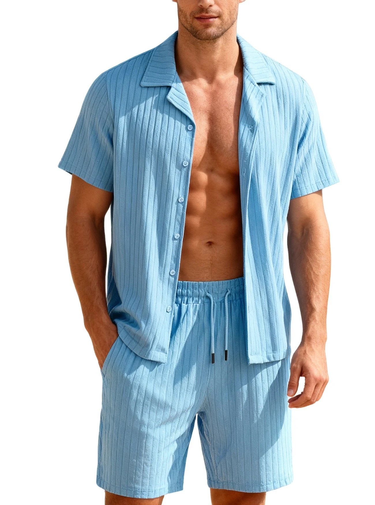 Men's Casual Button-Down Shirt And Shorts Set by GJG Denim