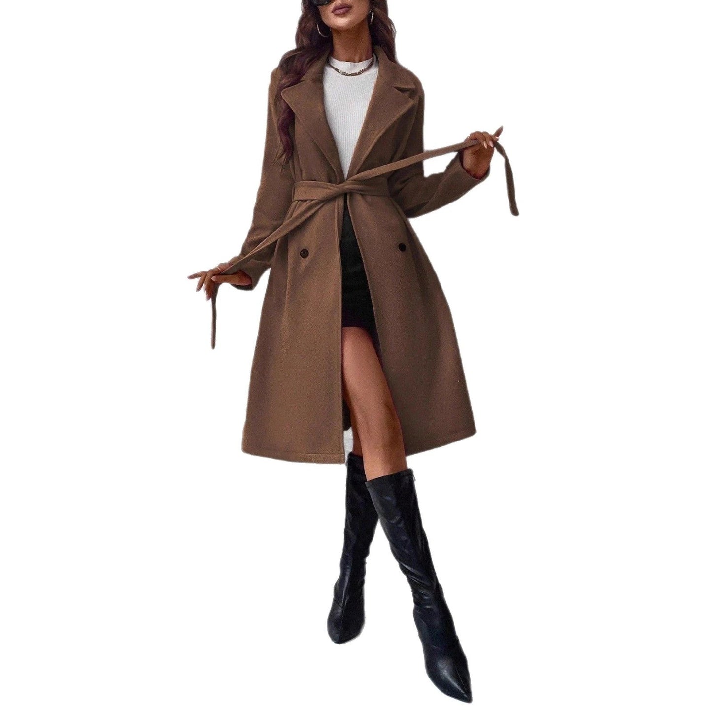Elegant Long-sleeve Lapel Double-breasted Coat With A Belt by GJG Denim