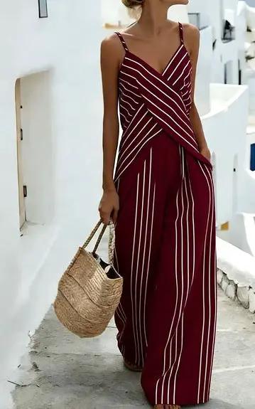 Striped Casual Womens V-Neck Sleeveless Set by GJG Denim