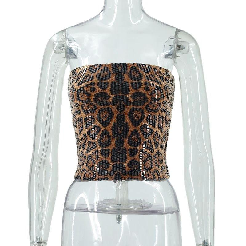 Women's Leopard Print Sequined Bandeau Slim-fit Inner Vest by GJG Denim