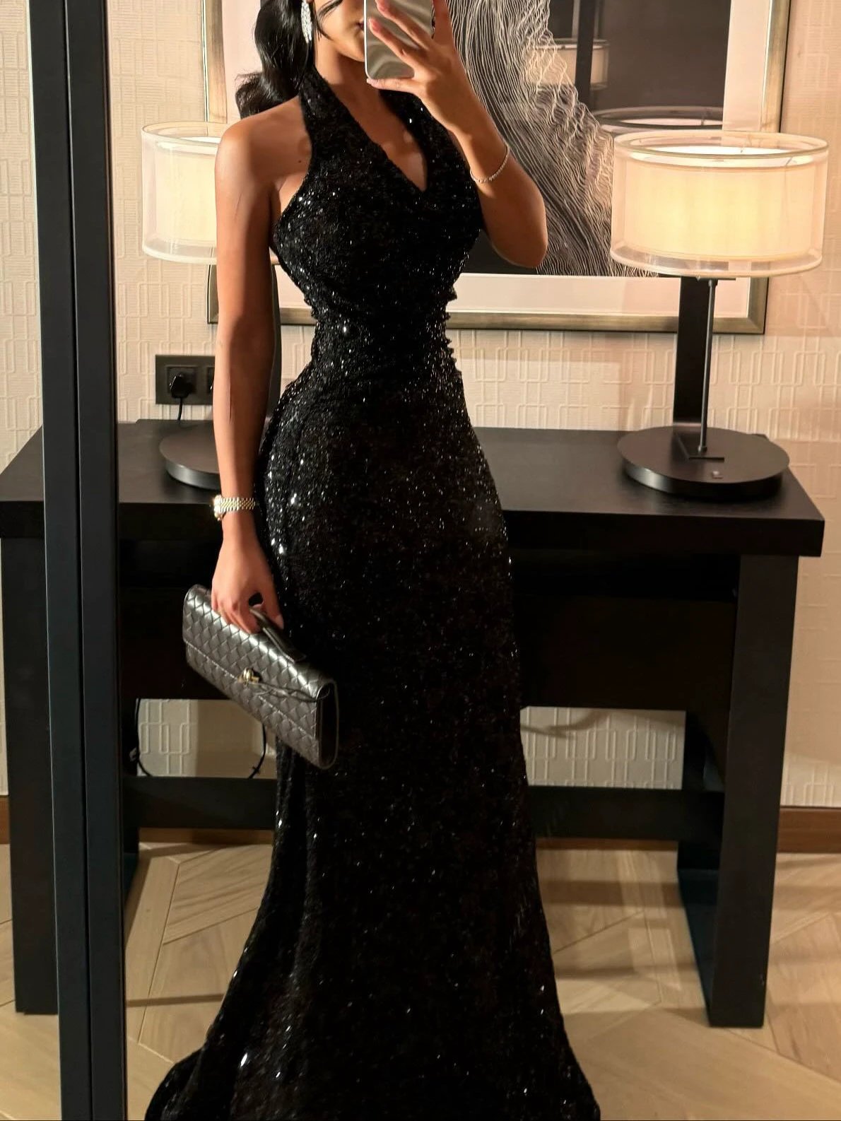 Black Sequin Halter Neck Mermaid Gown With Full Sparkle Detail by GJG Denim