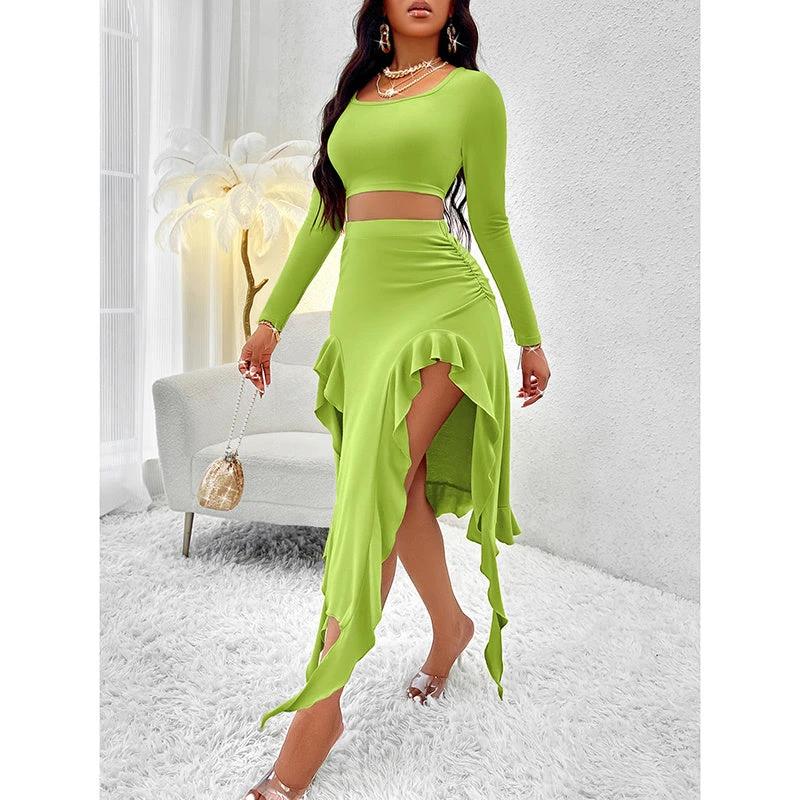 Women Summer 2 Piece Skirt Sets Long Sleeve Square Neck Crop Top Ruffle Trim Irregular Split Sexy Club Party Skirt Outfits by GJG Denim