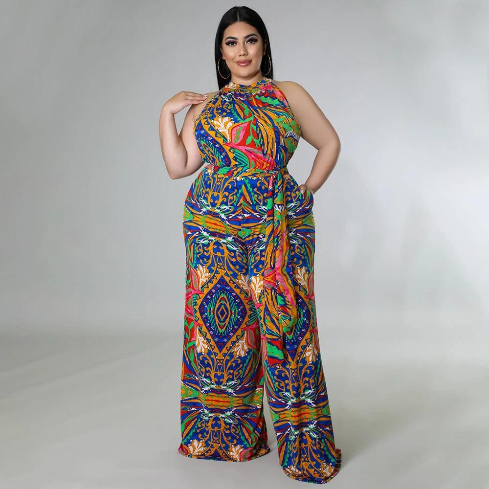 Women's Casual Halter neck Printed Jumpsuit With Belt Plus Size by GJG Denim