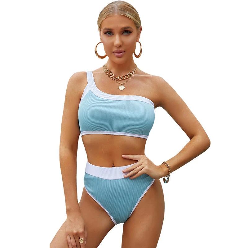 Single-side Strap Bikini Women's European And American Pure Color Tight High Waist Split by GJG Denim