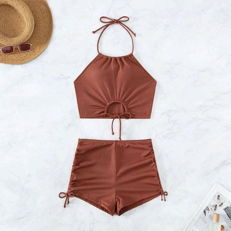 Summer Halter Neck Bikini Suit Fashion Drawstring Design Ins Style Swimsuit For Womens Clothing by GJG Denim