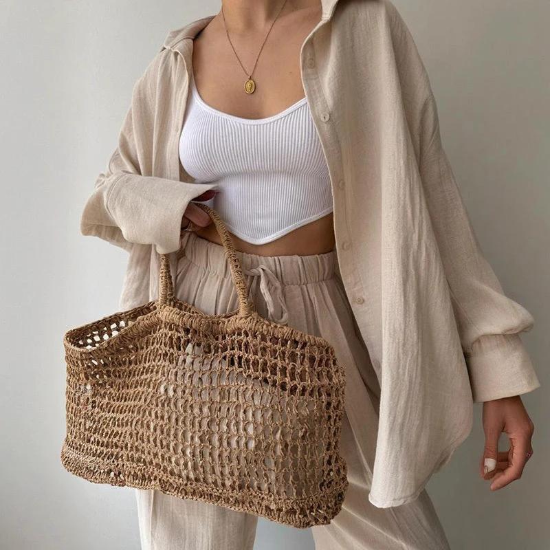 Women's Solid Color Lapel Collar Long Sleeve Shirt & High-Waist Pants Set - Casual Loose Fit Spring&Summer Outfit by GJG Denim