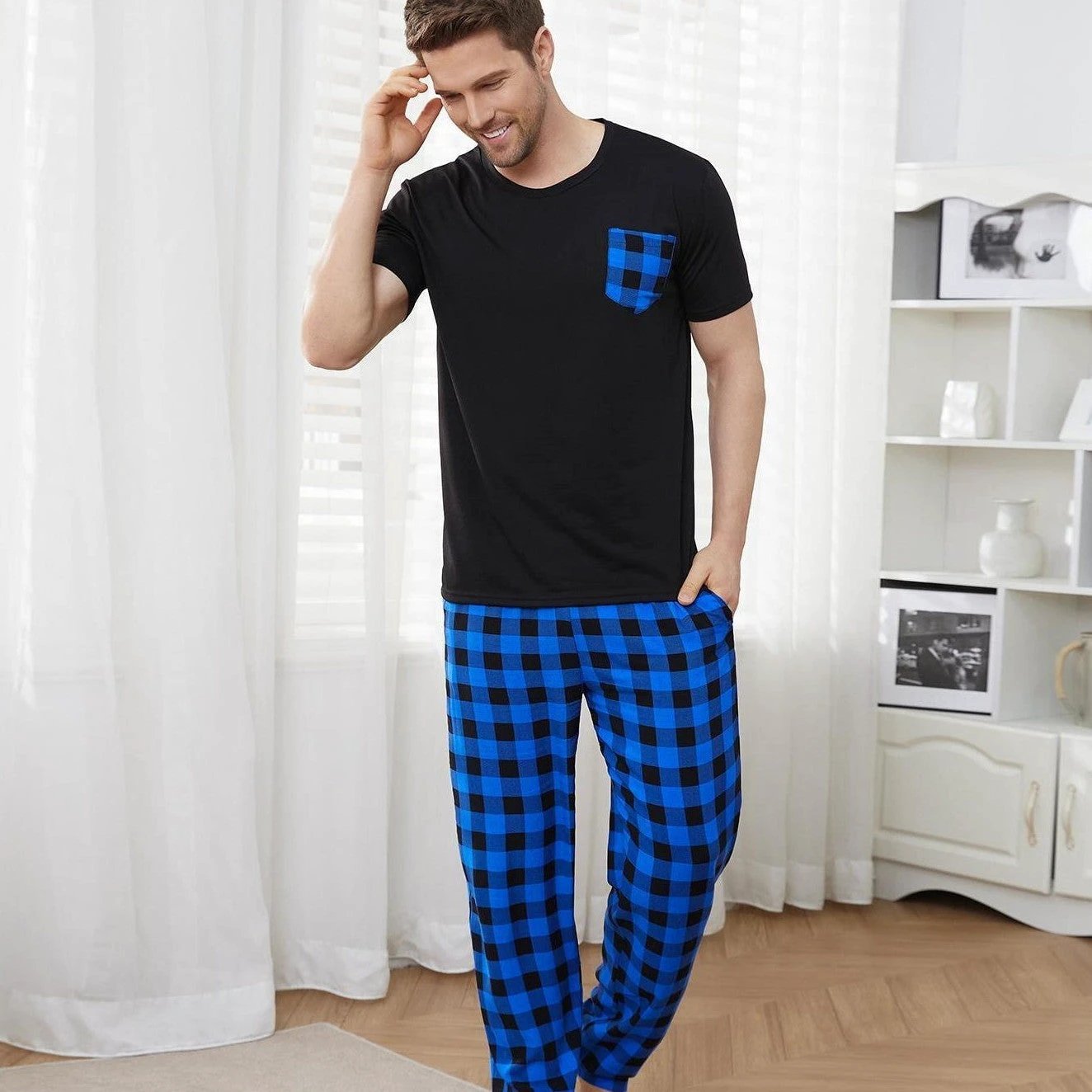 Men's Short-sleeved Long Pants Pajamas by GJG Denim