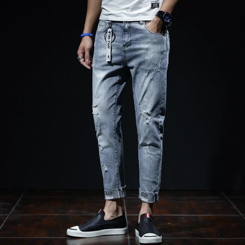 Men's Ripped Elastic Slim Straight Leg Jeans by GJG Denim