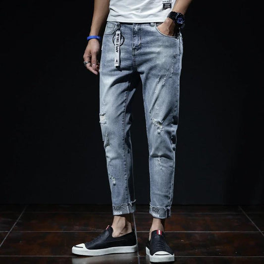 Men's Ripped Elastic Slim Straight Leg Jeans by GJG Denim