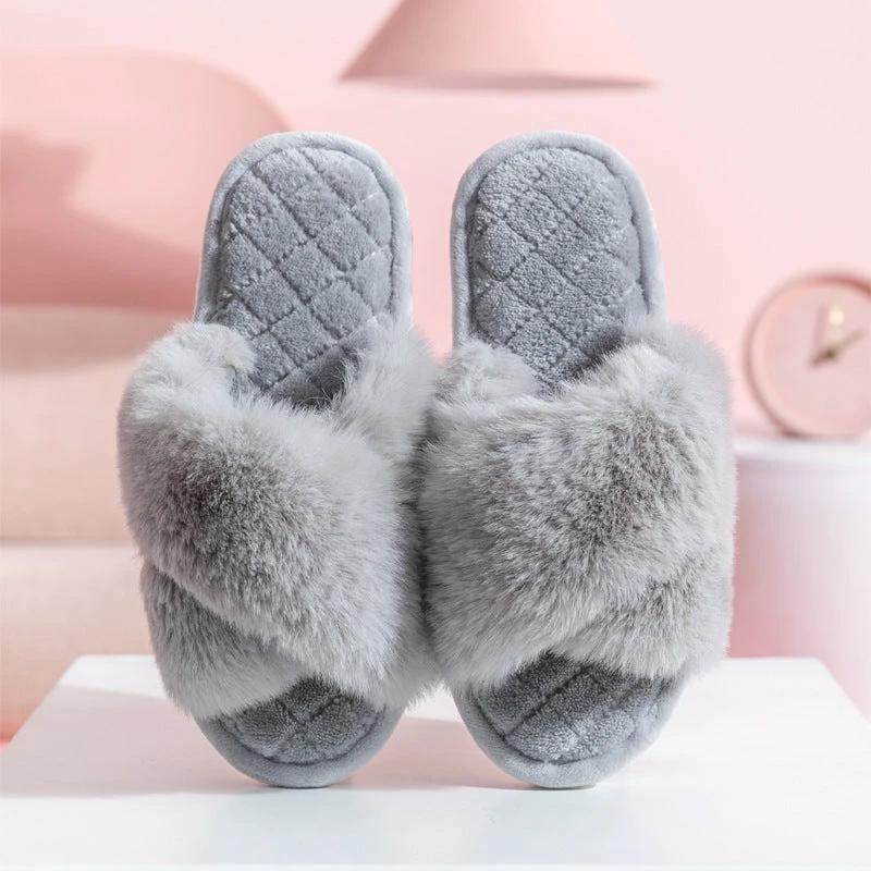 Cross-strap Furry Slippers Warm House Shoes For Women Winter Casual Flip Flops Fluffy Shoes Slides Soft Plush Home Indoor Slippers by GJG Denim