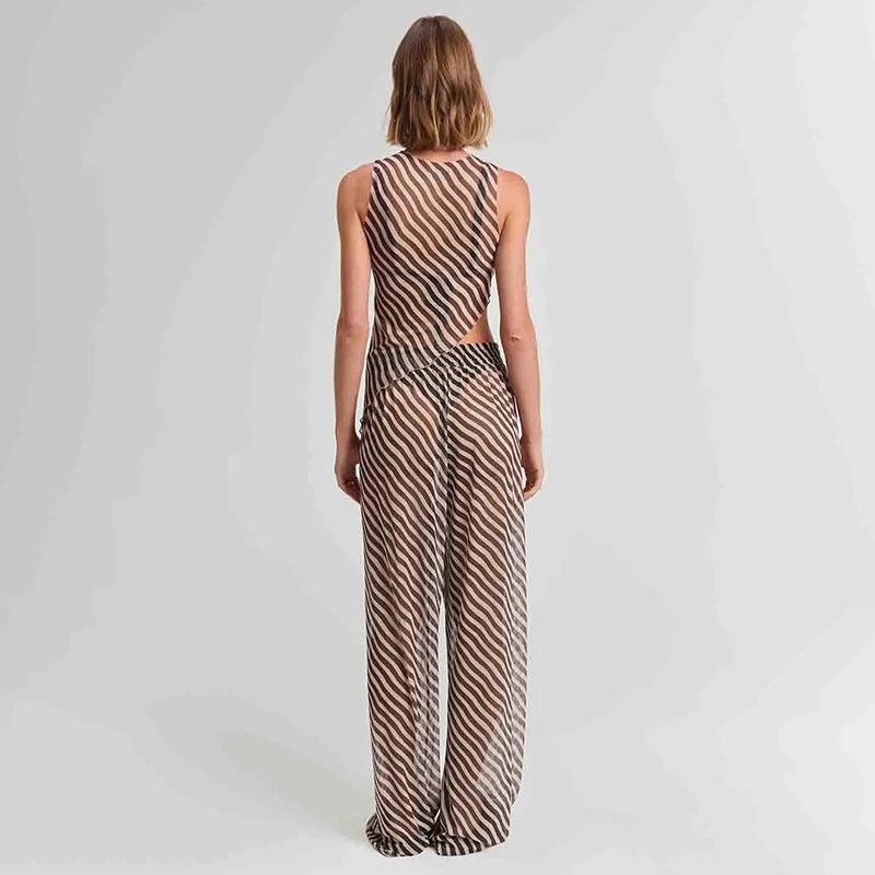 Women's Sleeveless Diagonal Stripes See-through Irregular Top Suit by GJG Denim