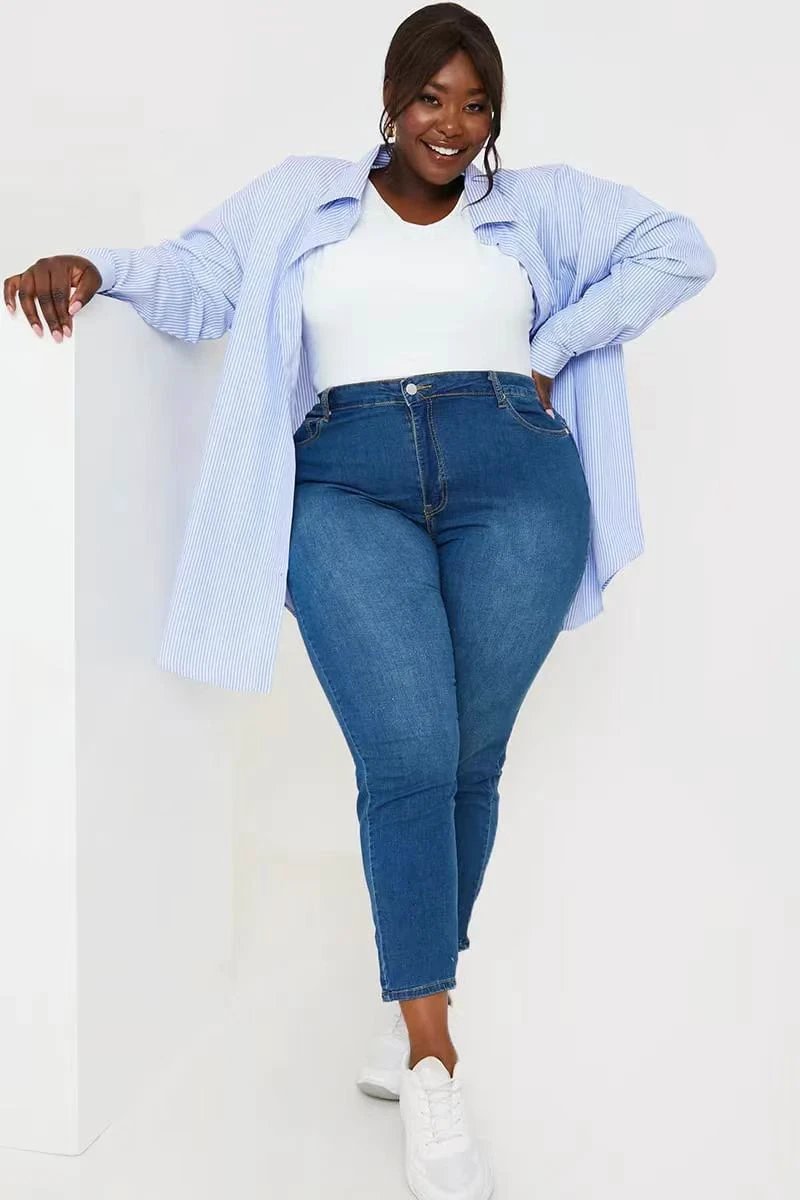 Large Size High Elastic All-matching Denim Slim Jeans by GJG Denim
