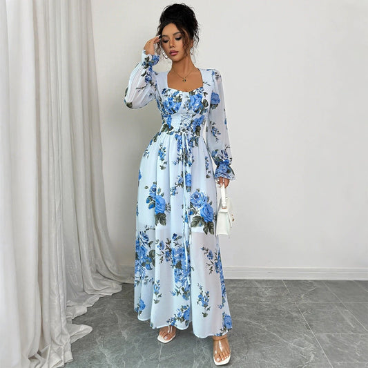 Floral Printed Long Sleeve Dress Women's Clothing by GJG Denim