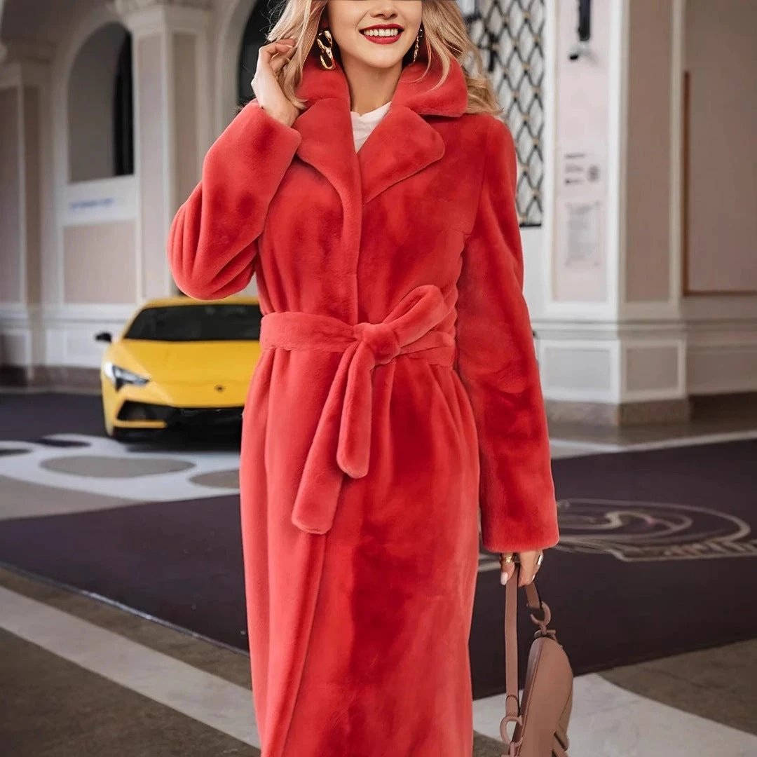 Women's Fashionable Elegant Lace-up Turn-down Collar Plush Long Coat by GJG Denim