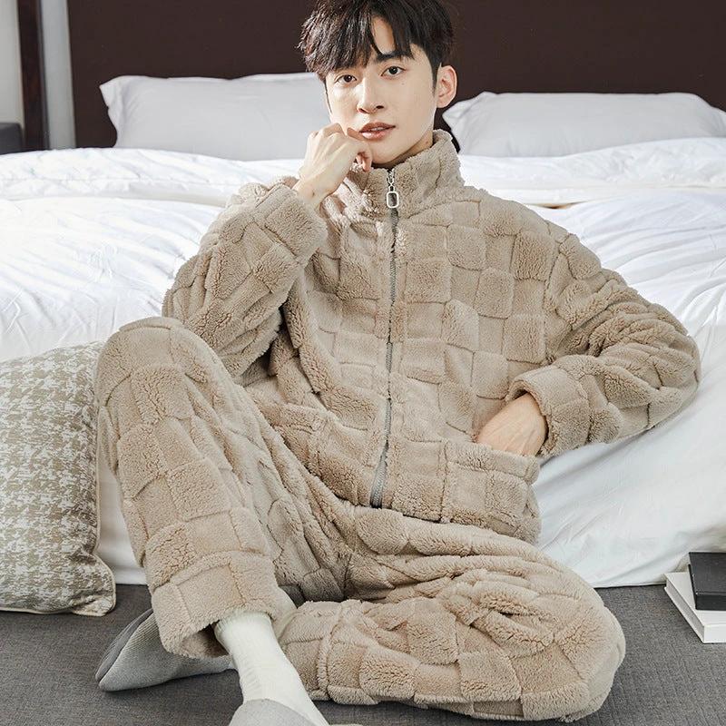 Pajamas Men's Jacquard Flannel Loose Fleece-lined Warm Loungewear by GJG Denim