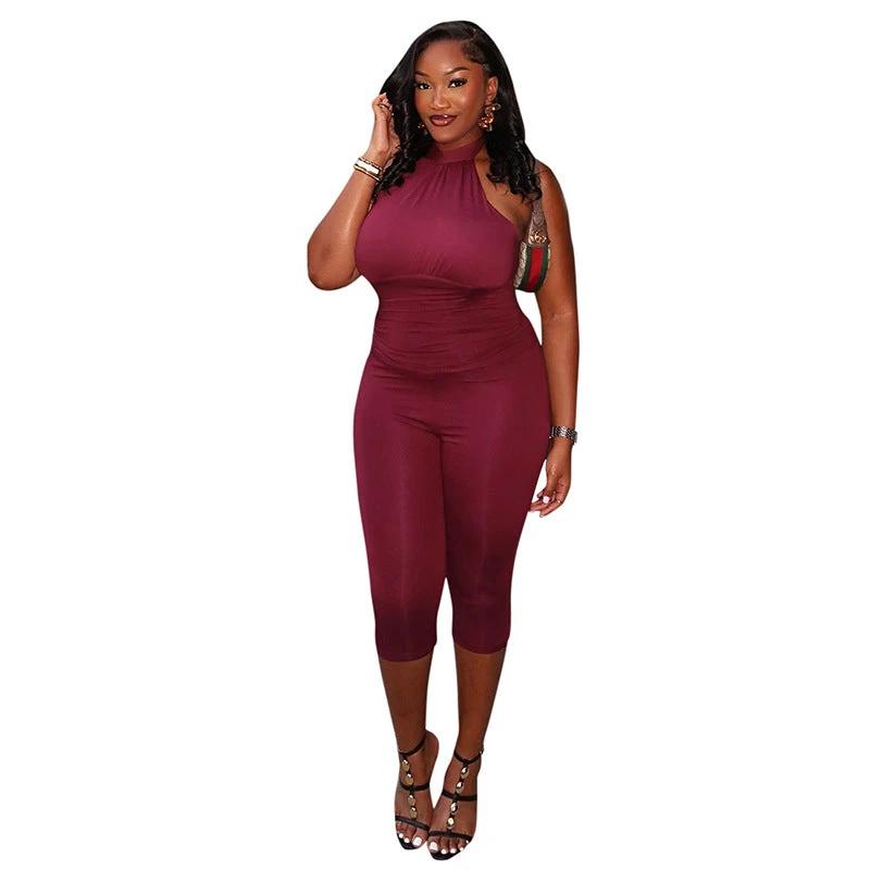 Solid-color Pleated Waist-cinching Capri Jumpsuit by GJG Denim