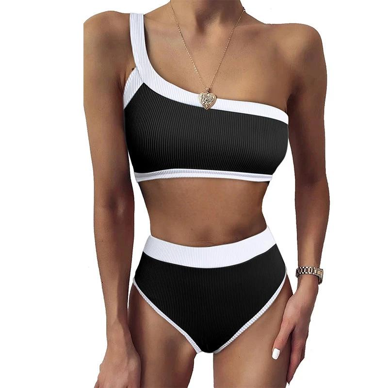 Single-side Strap Bikini Women's European And American Pure Color Tight High Waist Split by GJG Denim
