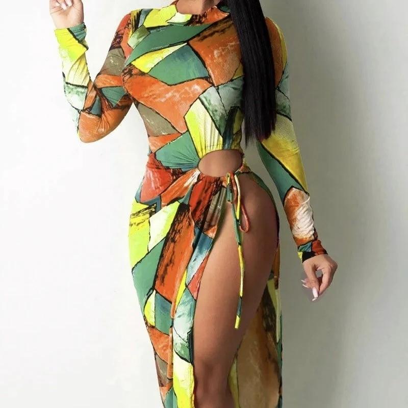 Ladies' Color Block Printed Sexy And Fashionable Slit Long Sleeved Dress by GJG Denim