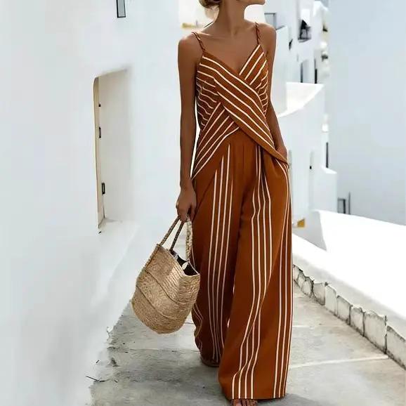 Striped Casual Womens V-Neck Sleeveless Set by GJG Denim